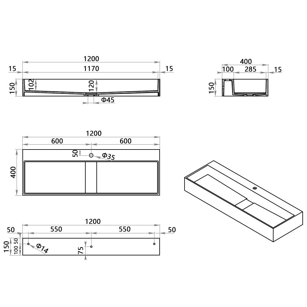 KT-W902 Hidden Drain Cover Seamless Solid Surface Floating Bathroom Sink