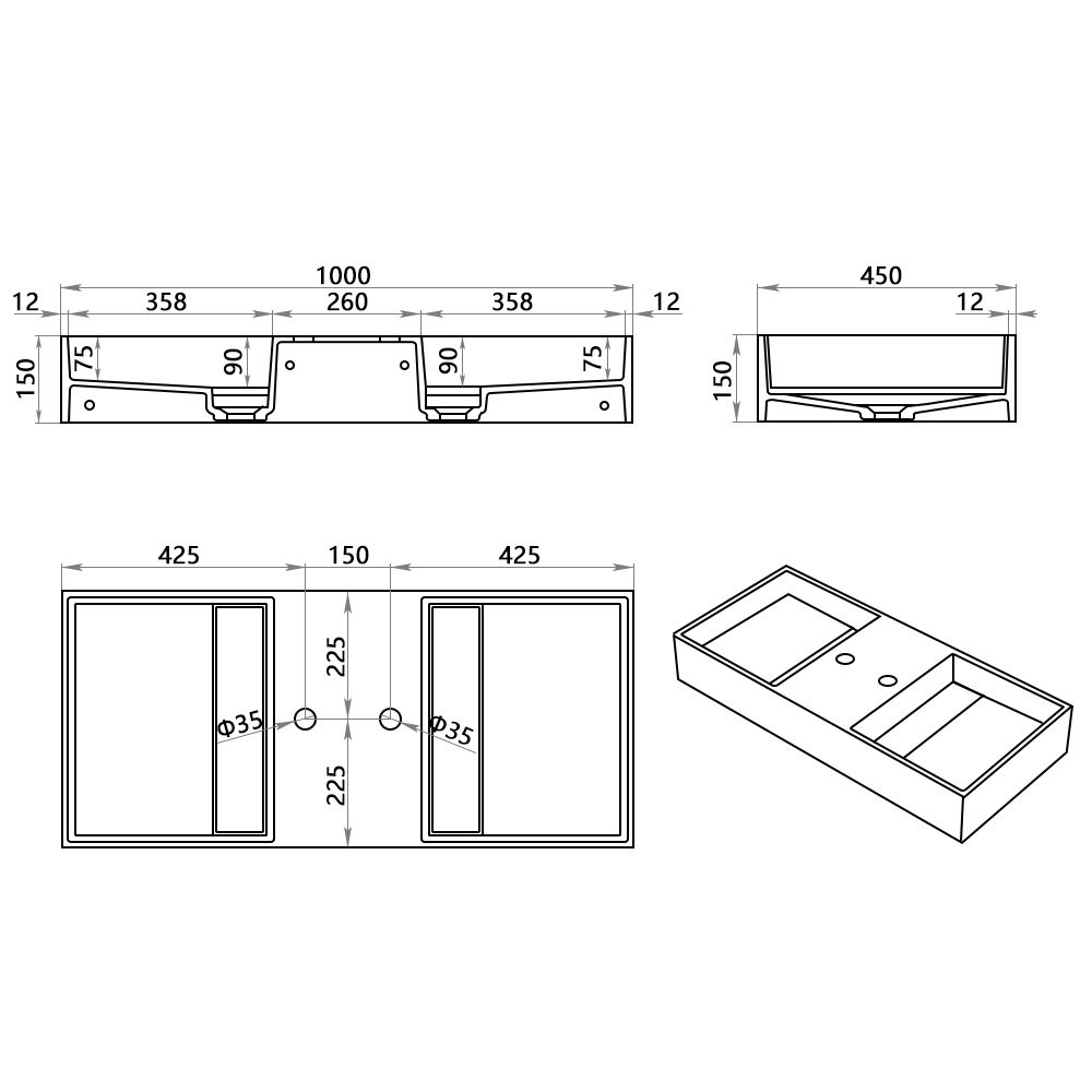 KT-W906 Modern Minimalist Style Wall-Mounted Double Basin Bathroom Sink