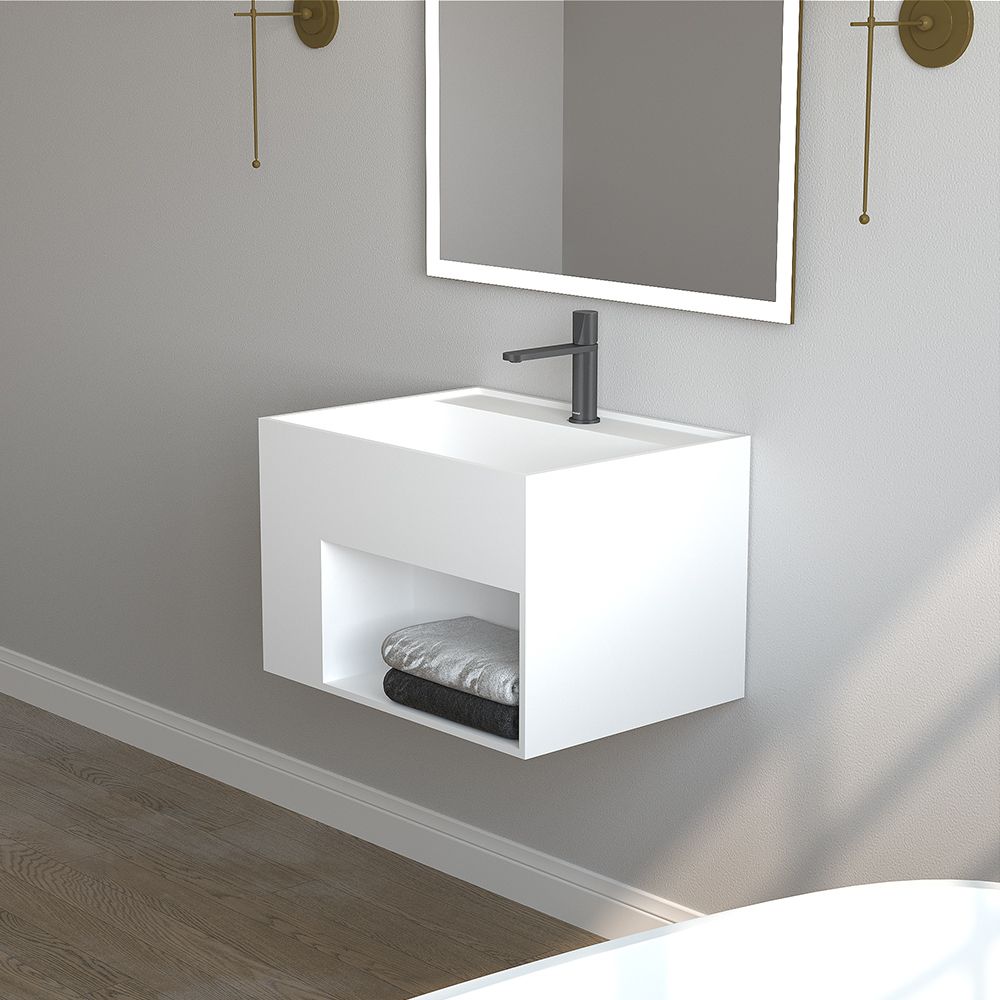 KT-W908 Solid Surface Wall Hang Integrated Sink With Storage Space