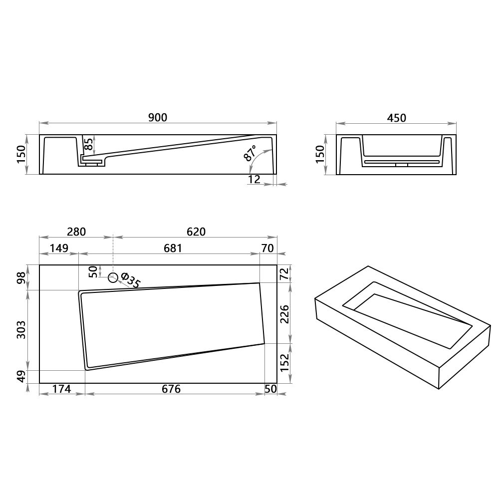 KT-W909 Floating Custom Made Wall Mount Bathroom Sink With Hidden Drain