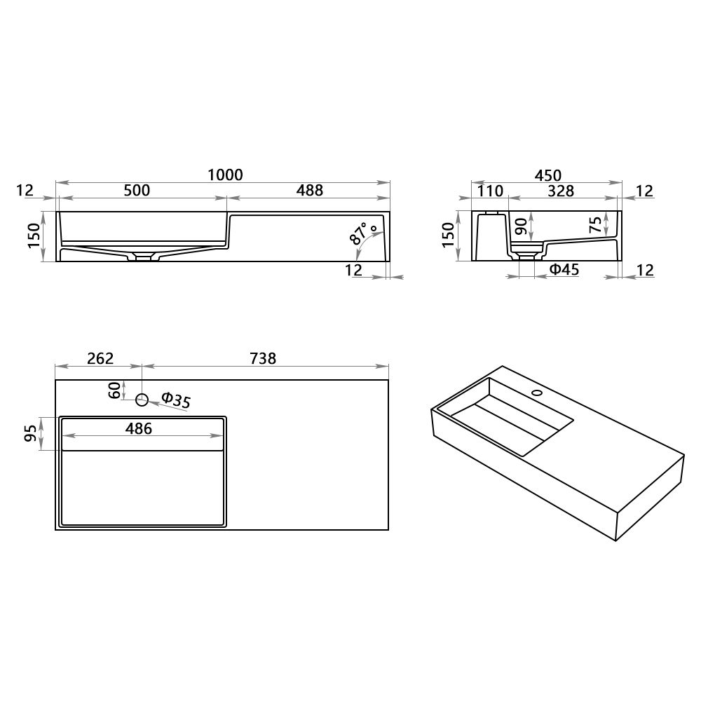 KT-W915 Wall Hung Bathroom Sink With Counter Concealed Plate Drain