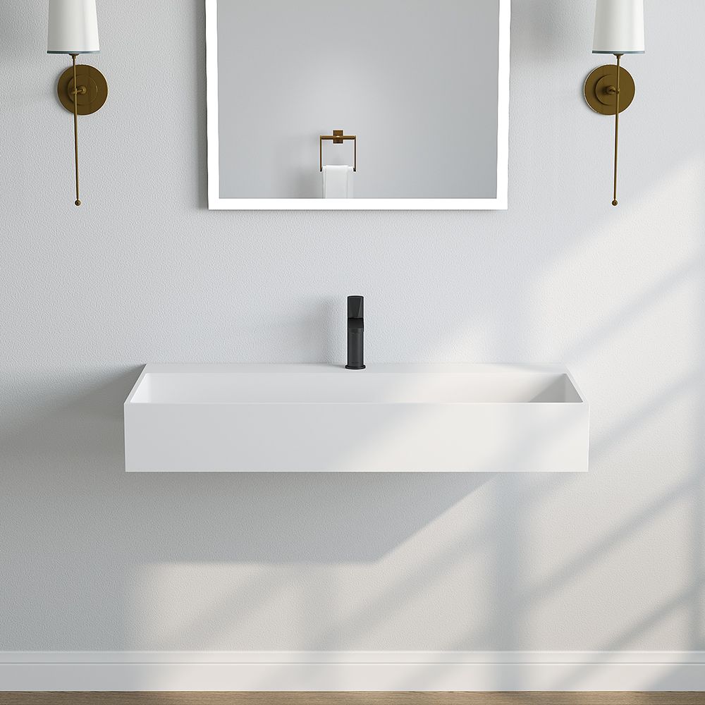 KT-W917 Solid Surface Double Sink Trough Bathroom Sink With Pop-up Drain