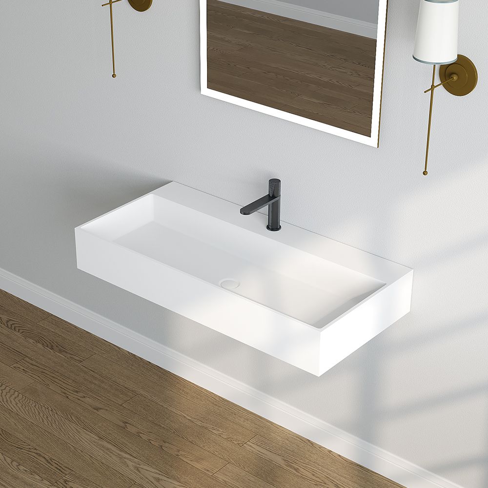 KT-W917 Solid Surface Double Sink Trough Bathroom Sink With Pop-up Drain