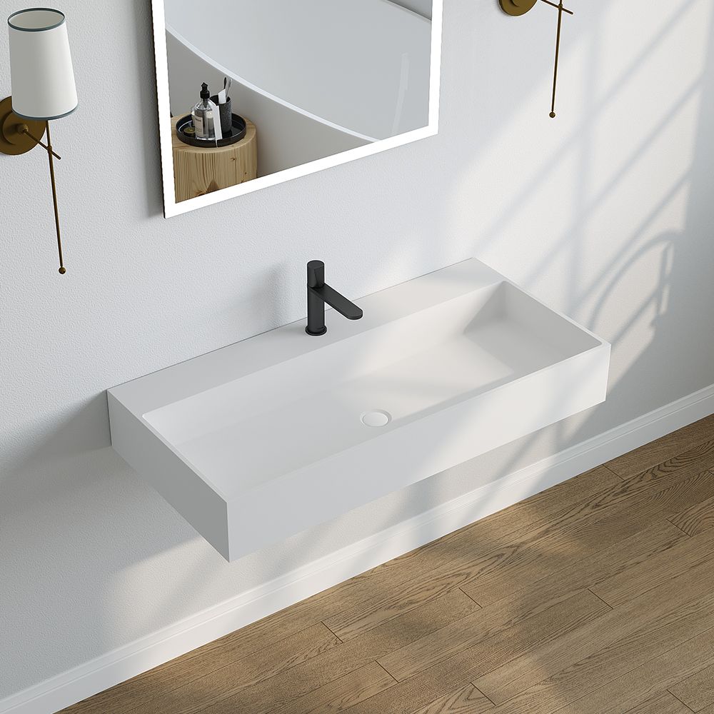 KT-W917 Solid Surface Double Sink Trough Bathroom Sink With Pop-up Drain