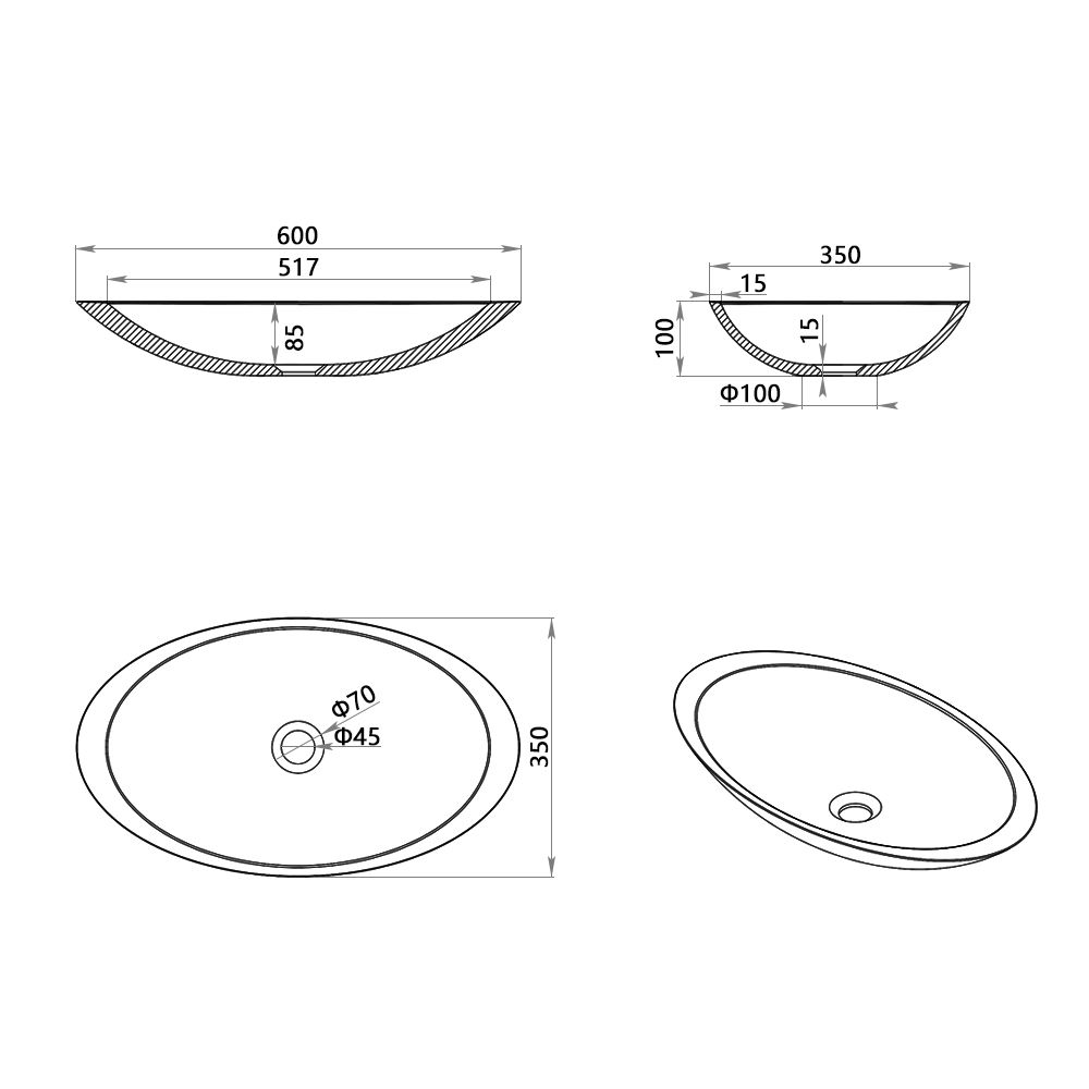 KT-2206 Matt White Vessel Sink Poly Marble Countertop Sink