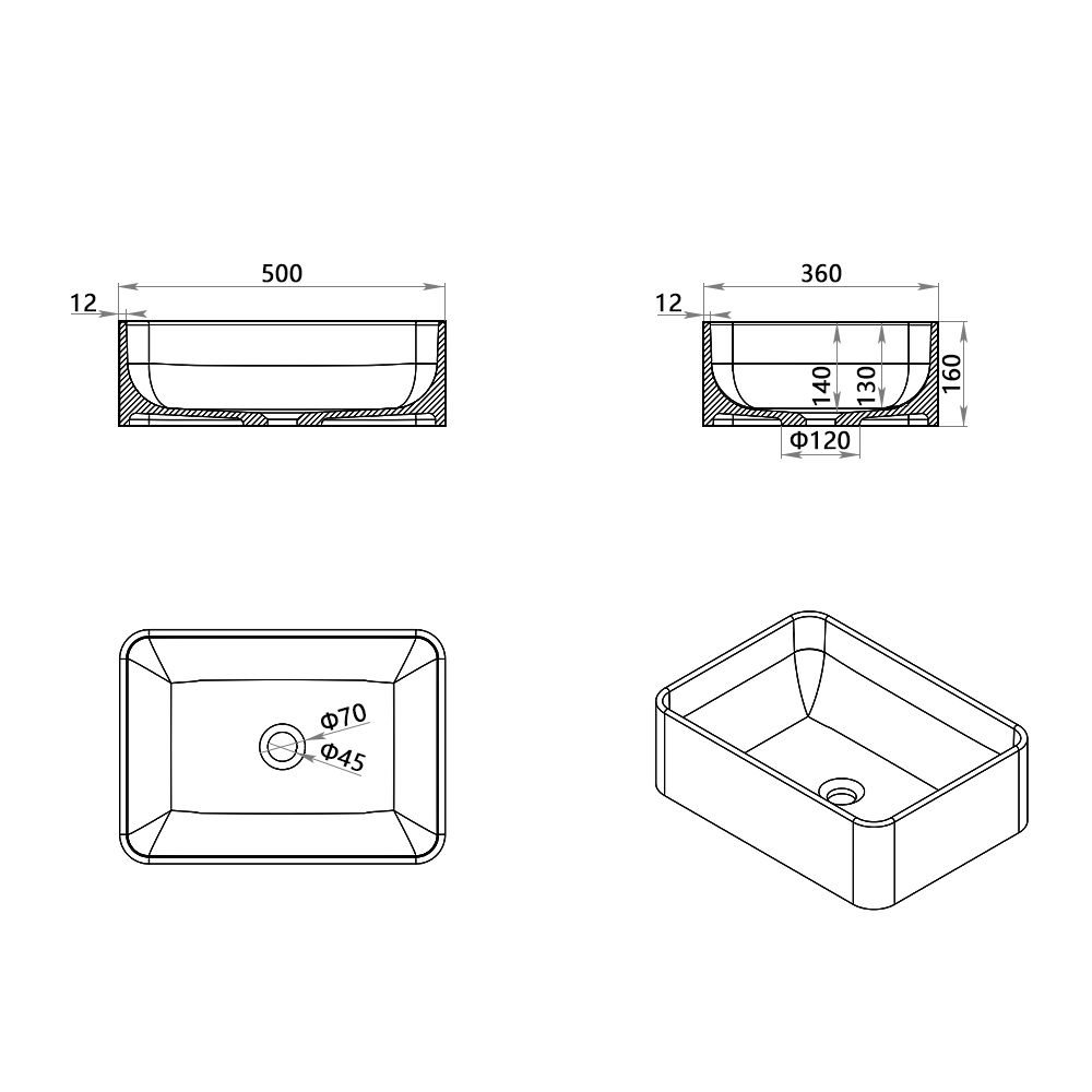 KT-2210 Rectangle Shape Countertop Poly Marble Basin Vessel Sink