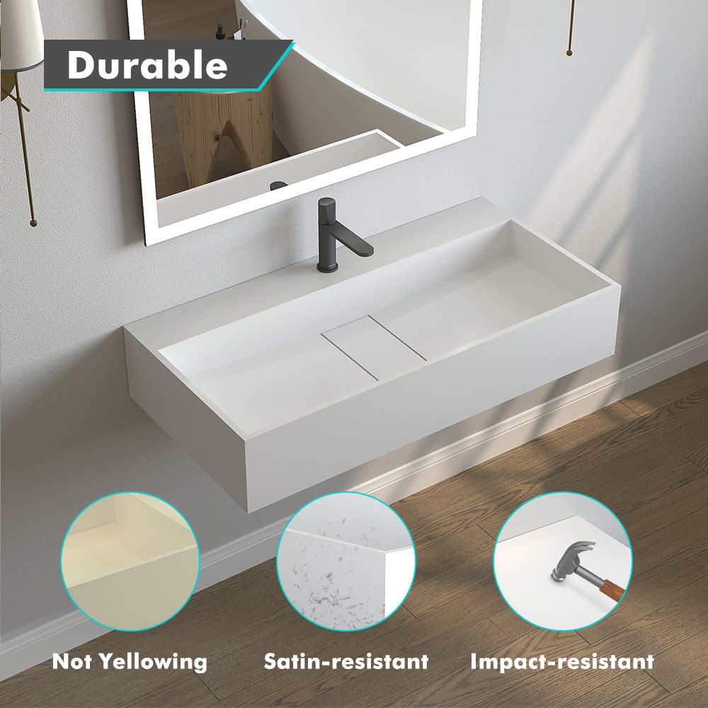 KT-W902 Hidden Drain Cover Seamless Solid Surface Floating Bathroom Sink