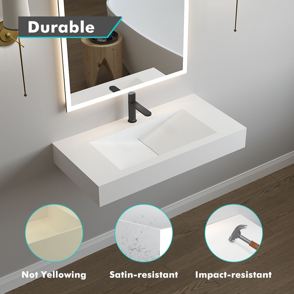 KT-W903 Wall Mounted White V-shape Drain Solid Surface Bathroom Sink