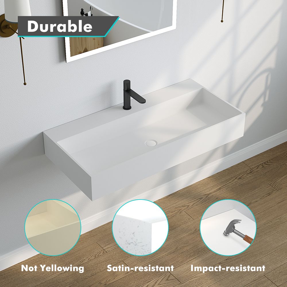 KT-W917 Solid Surface Double Sink Trough Bathroom Sink With Pop-up Drain