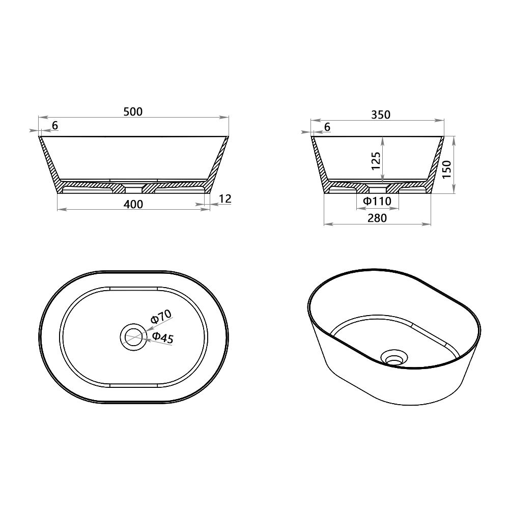 KT-2222 Solid Surface Countertop Sink Matt White Bathroom Wash Basin