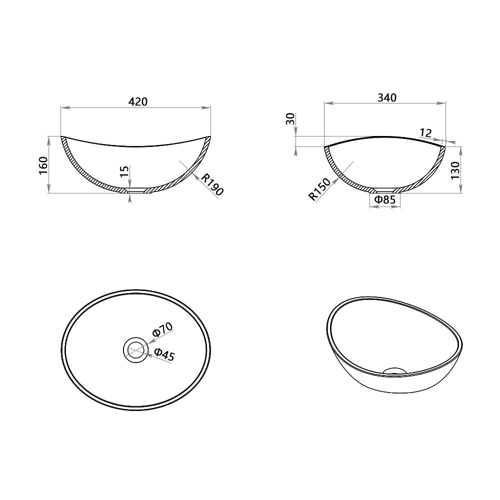 KT-2220 Poly Marble Oval Countertop Basin Vanity Wash Vessel Sink