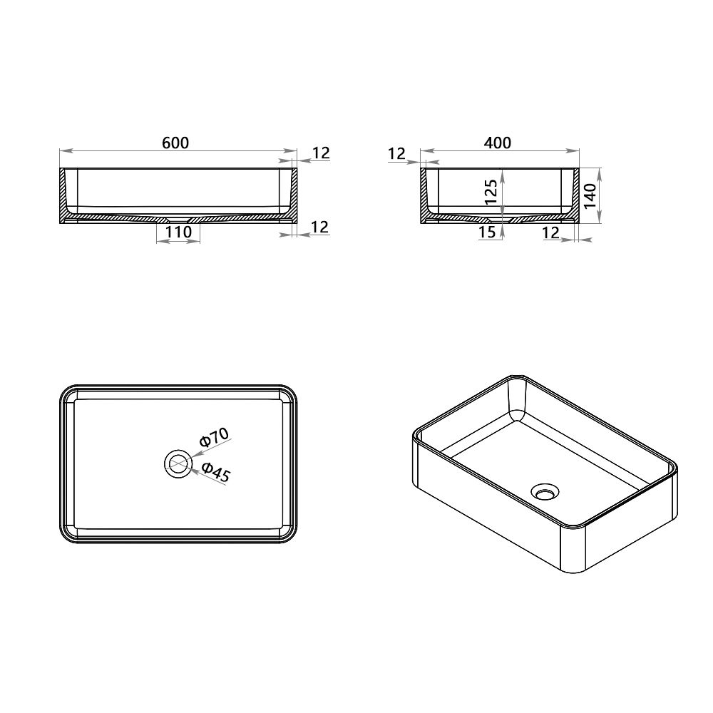 KT-2219 Solid Surface Slim Edge Countertop Rectangle Shape Vessel Sink