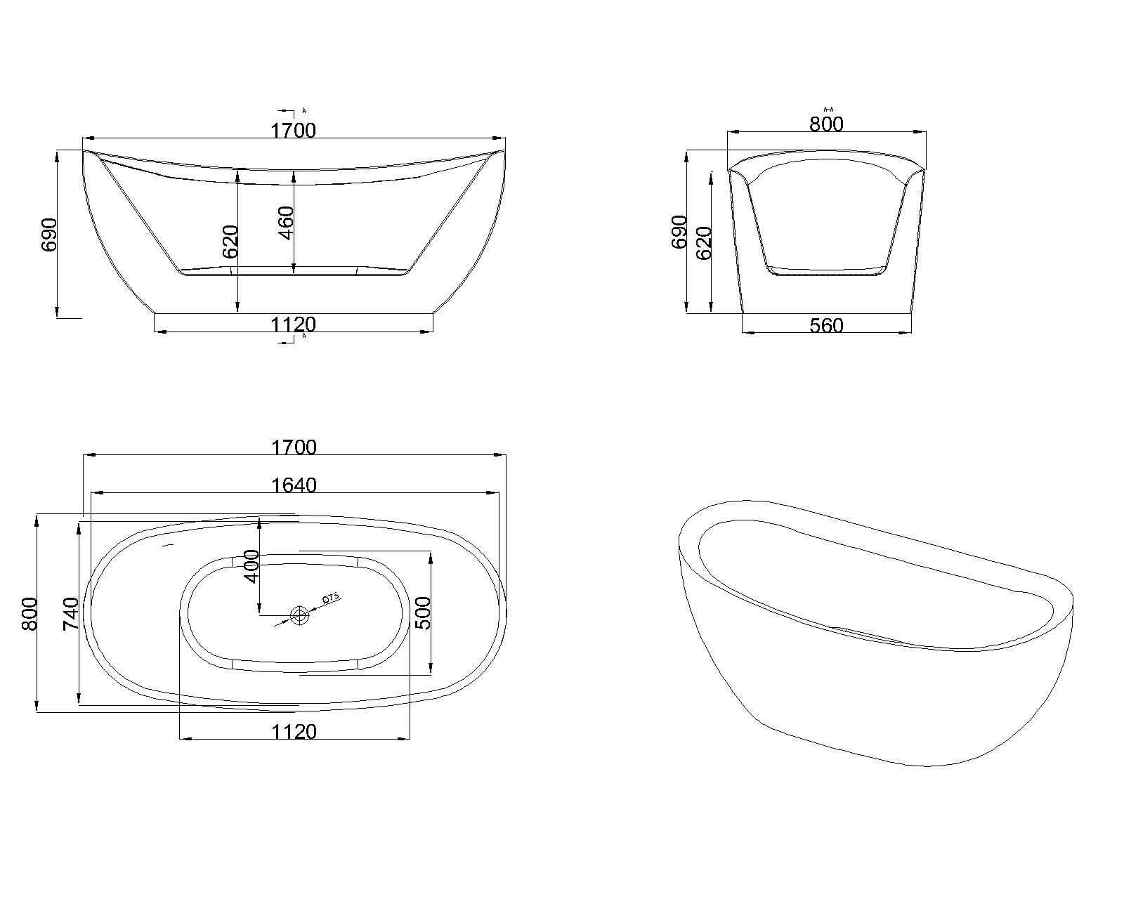 KT-8002 Freestanding Oval Matte White Reinforced Acrylic One-Piece Construction Bathtub