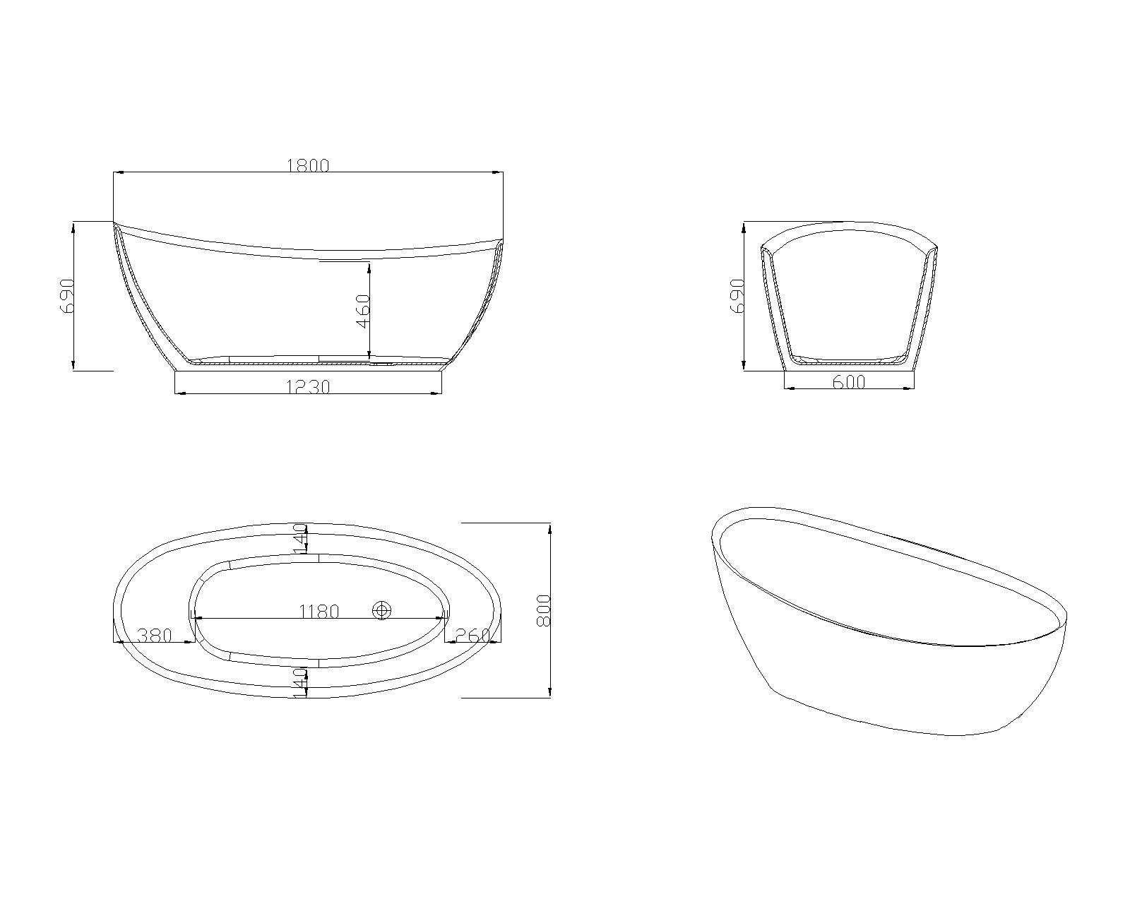 KT-8012 For Hotel or Apartment Raised-Ends Bathtub Eco-Friendly Acrylic Scratch-Resistant Bathtub