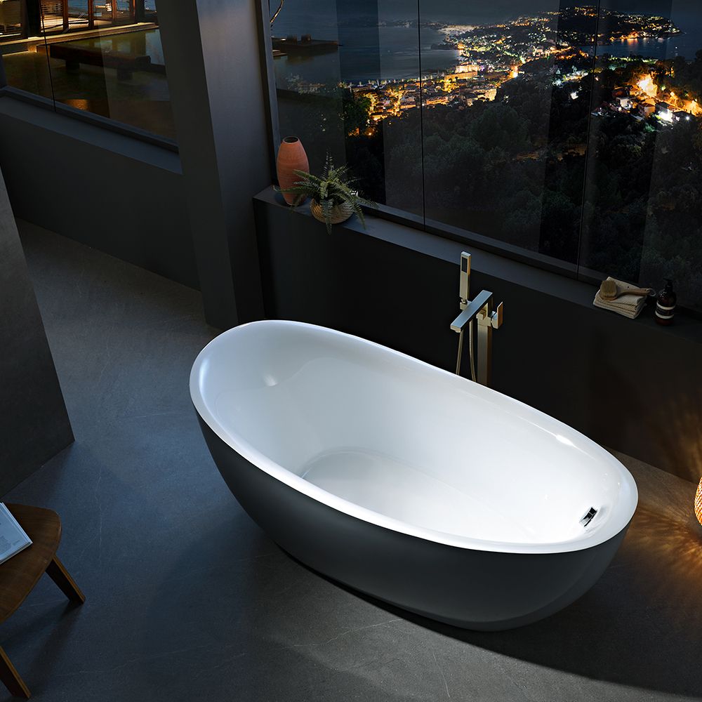 KT-8012 Modern Matte Black and White Acrylic Freestanding Bathtub – 6 Size Options Contemporary Oval Soaking Tub for Luxurious Bathrooms
