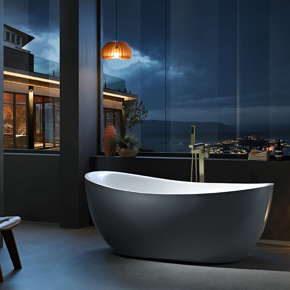 KT-8012 Modern Matte Black and White Acrylic Freestanding Bathtub – 6 Size Options Contemporary Oval Soaking Tub for Luxurious Bathrooms