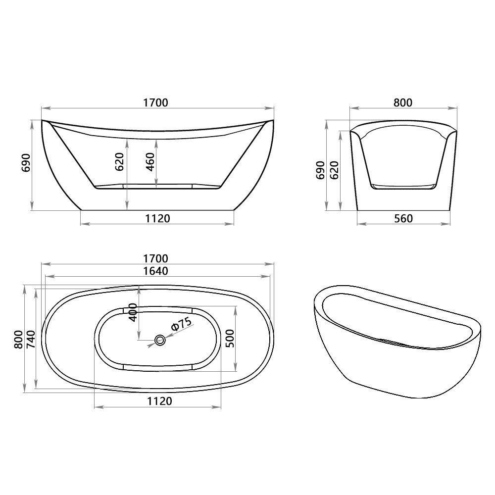 KT-8002 Freestanding Oval Matte White Reinforced Acrylic One-Piece Construction Bathtub