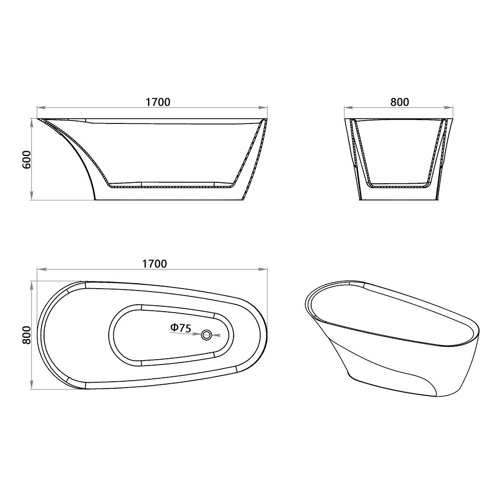 KT-8004 Modern Slipper Freestanding Acrylic Bathtub 1700×800×600 mm | Flared Base & Thin Rim Design