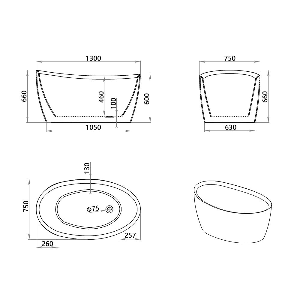 KT-8012 Modern Matte Black and White Acrylic Freestanding Bathtub – 6 Size Options Contemporary Oval Soaking Tub for Luxurious Bathrooms