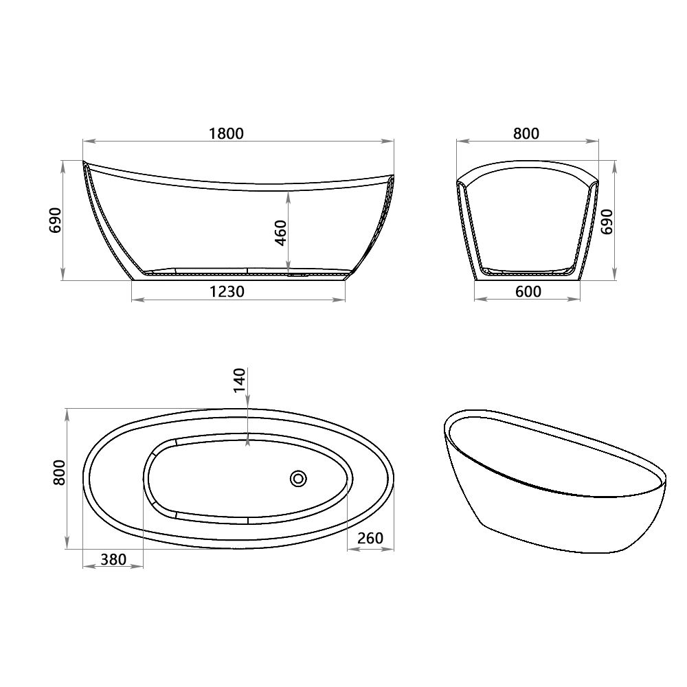 KT-8012 Modern Matte Black and White Acrylic Freestanding Bathtub – 6 Size Options Contemporary Oval Soaking Tub for Luxurious Bathrooms