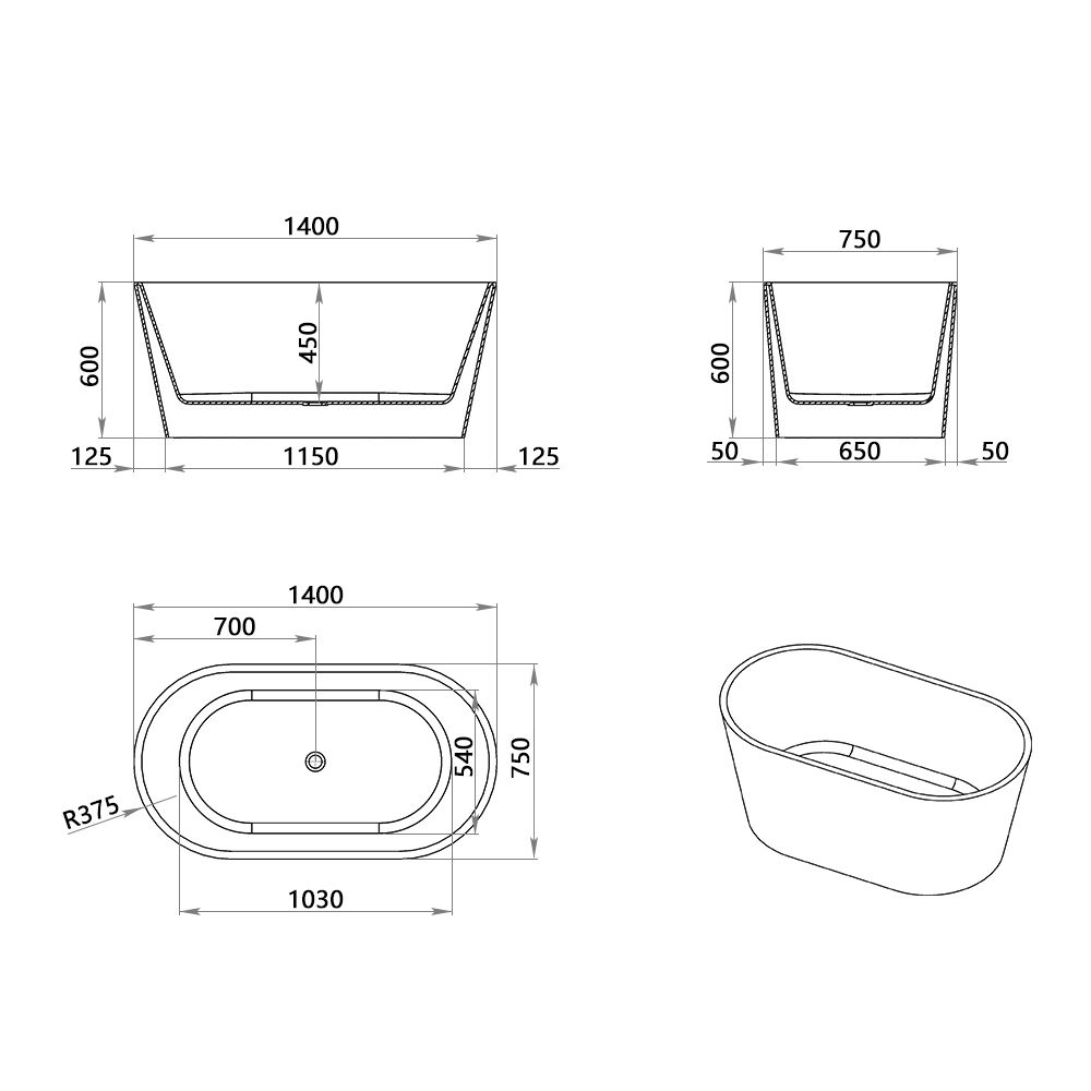 KT‑8021 Matte White Freestanding Acrylic Bathtub  Multiple Sizes, Sleek One Piece Design