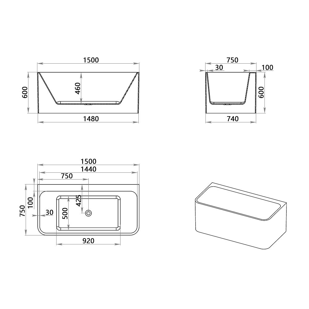 KT-8008 Rectangular Freestanding Whirlpool Massage Bathtub with Dual Headrests – Reinforced Acrylic, Multiple Sizes