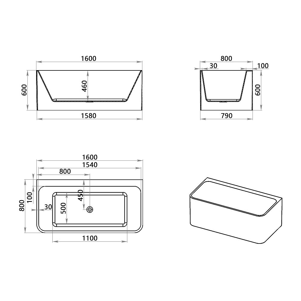 KT-8008 Rectangular Freestanding Whirlpool Massage Bathtub with Dual Headrests – Reinforced Acrylic, Multiple Sizes