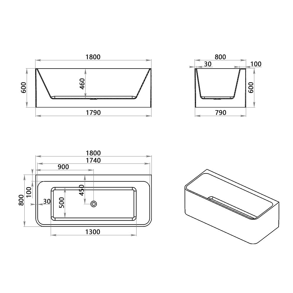 KT-8008 Rectangular Freestanding Whirlpool Massage Bathtub with Dual Headrests – Reinforced Acrylic, Multiple Sizes