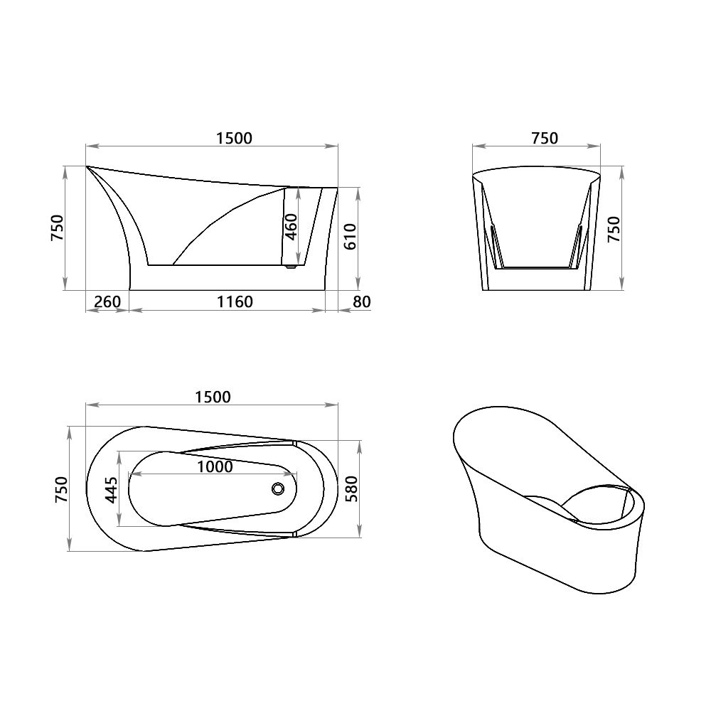 KT-8010 Freestanding Slipper Style Matte White Acrylic Bathtub – Ergonomic One-Piece Soaking Tub
