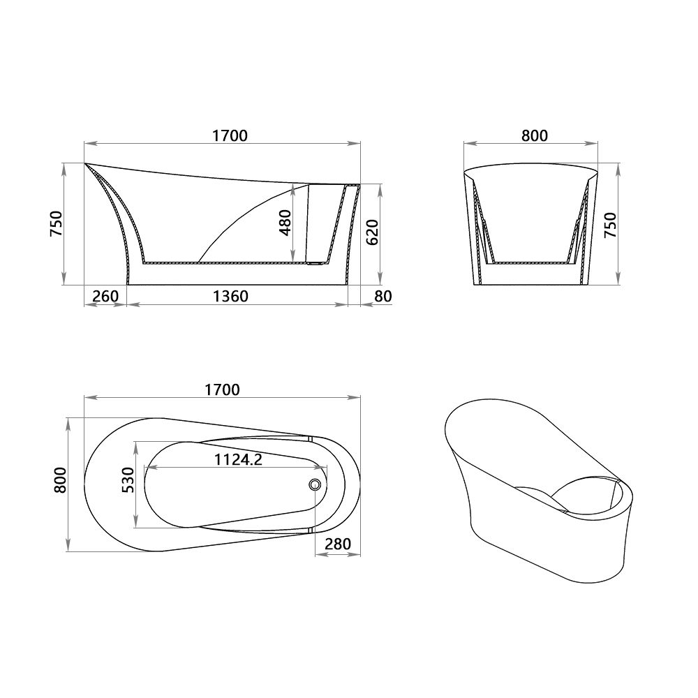 KT-8010 Freestanding Slipper Style Matte White Acrylic Bathtub – Ergonomic One-Piece Soaking Tub