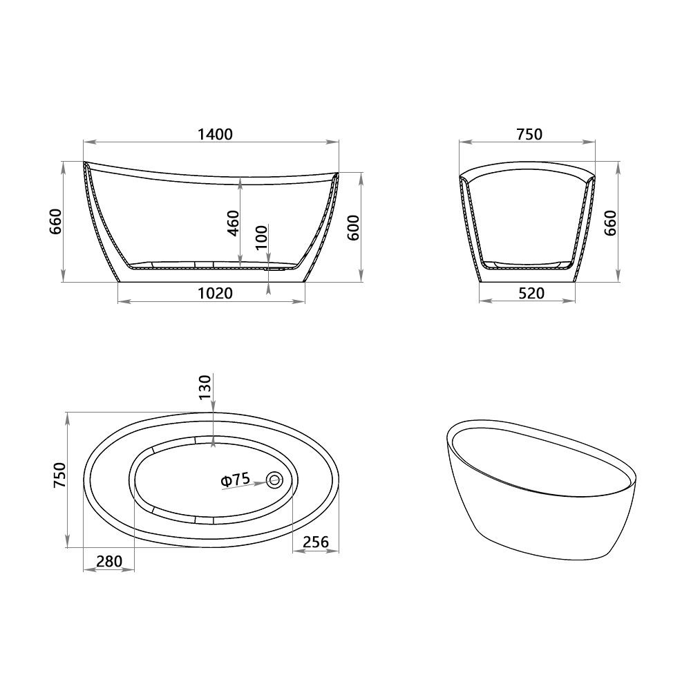 KT-8012 Freestanding Oval Matte White Reinforced Acrylic One-Piece Soaking Bathtub