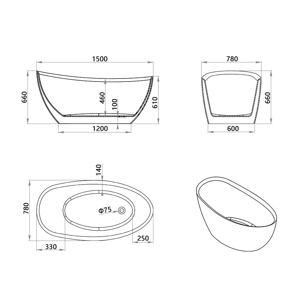 KT-8012 Freestanding Oval Matte White Reinforced Acrylic One-Piece Soaking Bathtub