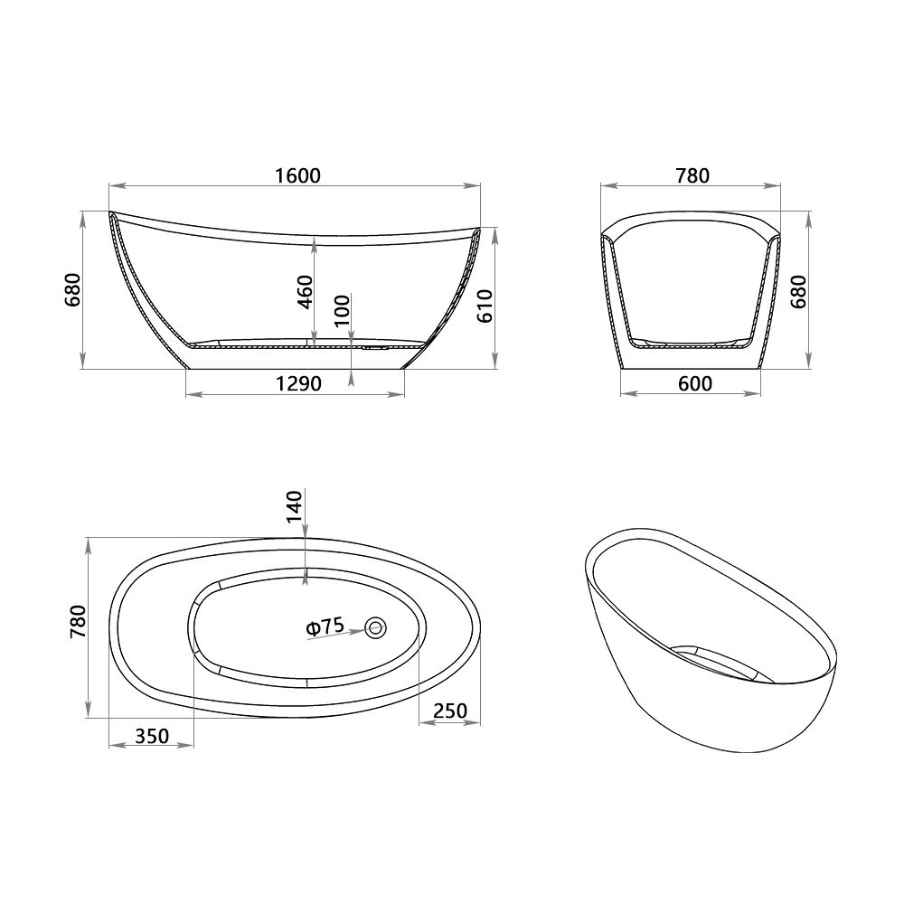 KT-8012 Freestanding Oval Matte White Reinforced Acrylic One-Piece Soaking Bathtub