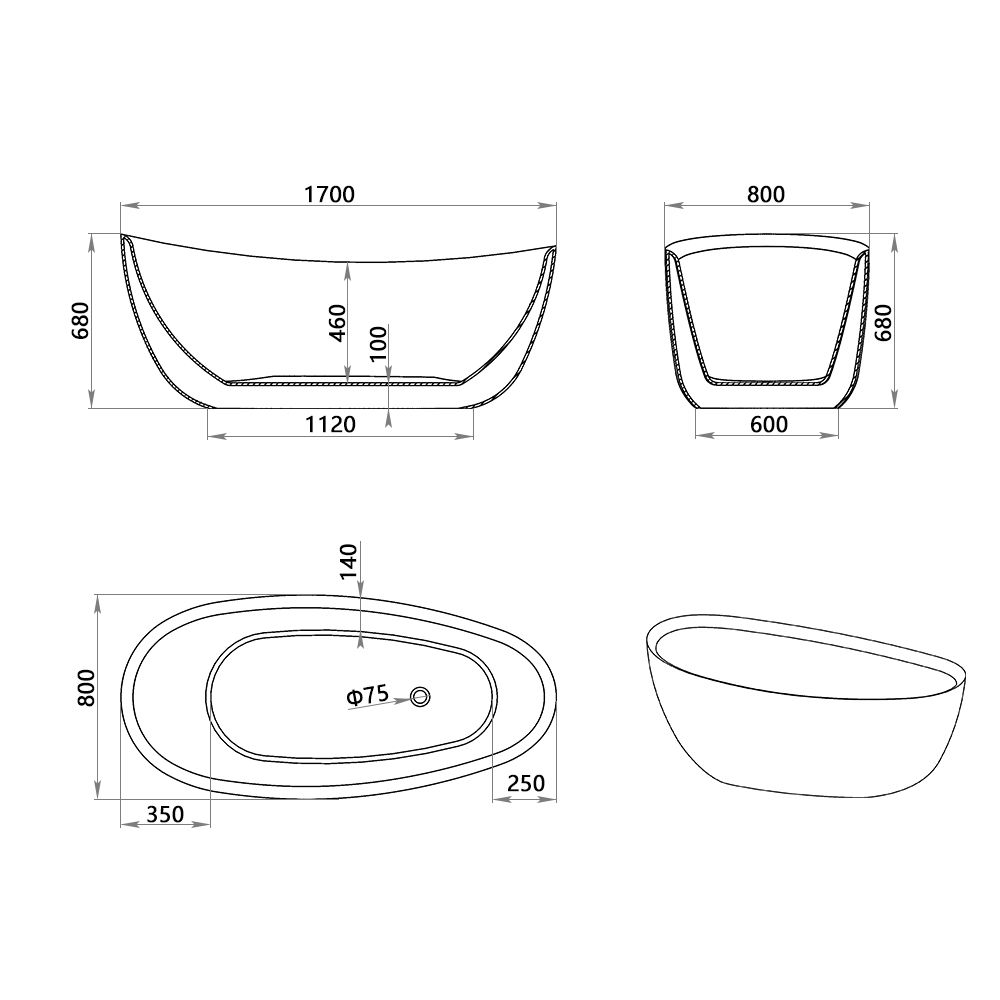 KT-8012 Freestanding Oval Matte White Reinforced Acrylic One-Piece Soaking Bathtub