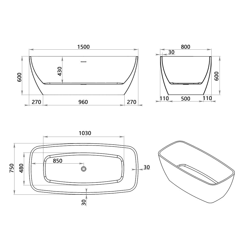 KT-8013 Freestanding Rectangular Matte White Reinforced Acrylic Bathtub with Sleek One-Piece Design