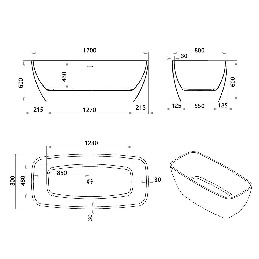KT-8013 Freestanding Rectangular Matte White Reinforced Acrylic Bathtub with Sleek One-Piece Design