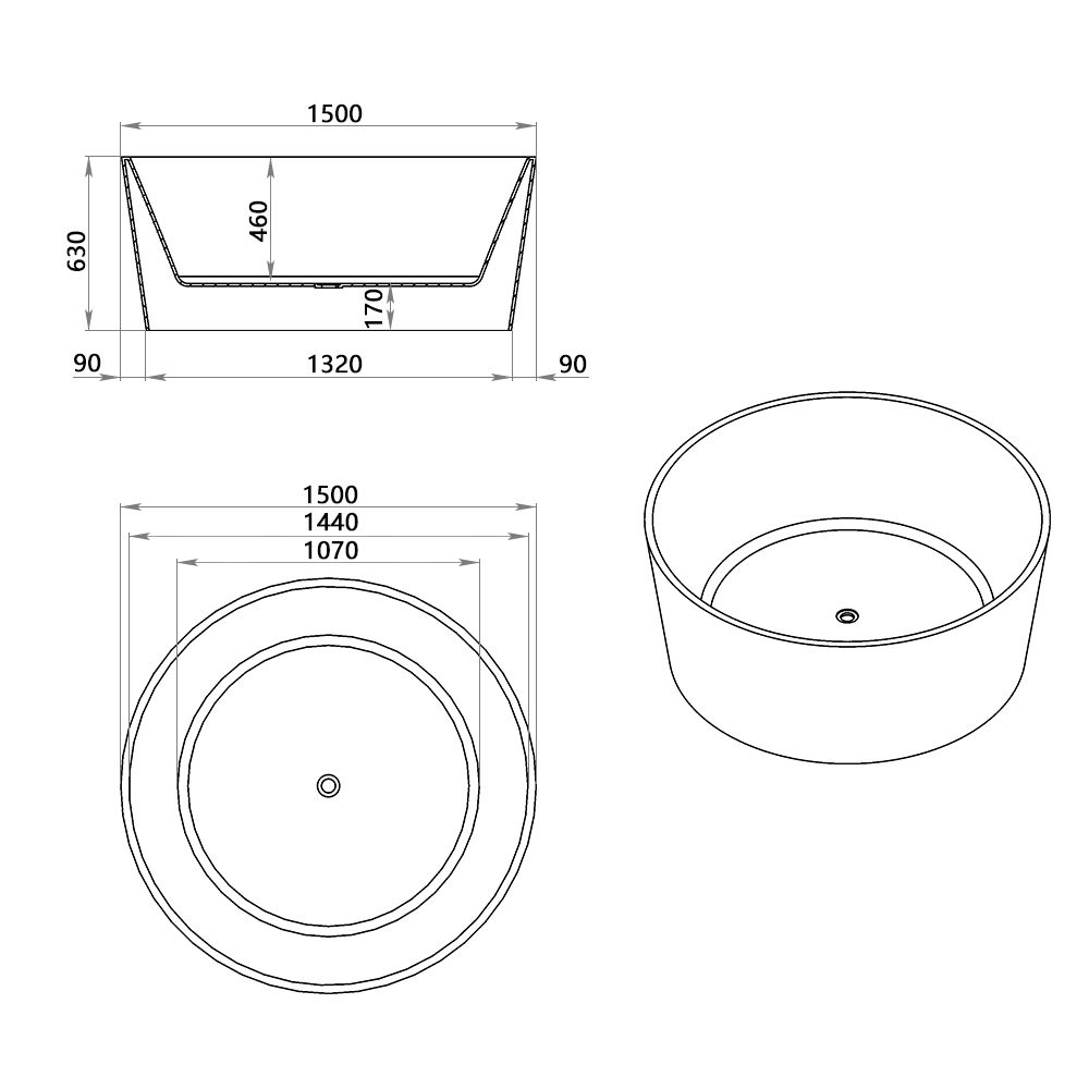 KT-8014 Freestanding Round Matte White Reinforced Acrylic One-Piece Soaking Bathtub