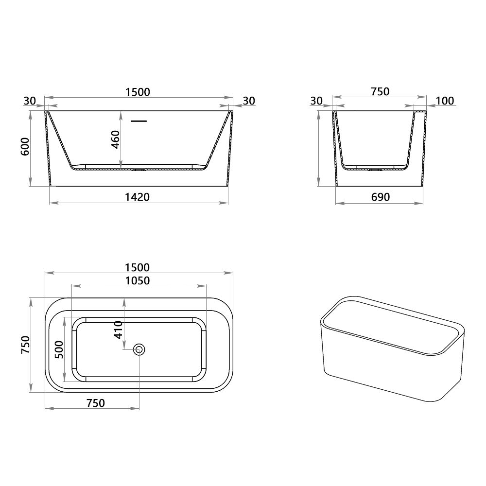 KT-8019 Freestanding Rectangular Matte White Reinforced Acrylic One-Piece Bathtub