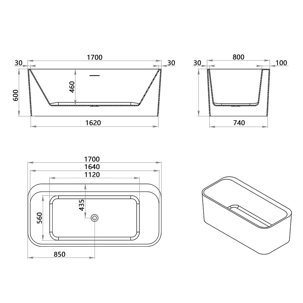 KT-8019 Freestanding Rectangular Matte White Reinforced Acrylic One-Piece Bathtub