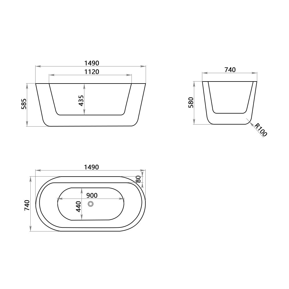 KT-8020 Freestanding Oval Matte White Reinforced Acrylic One-Piece Construction Bathtub