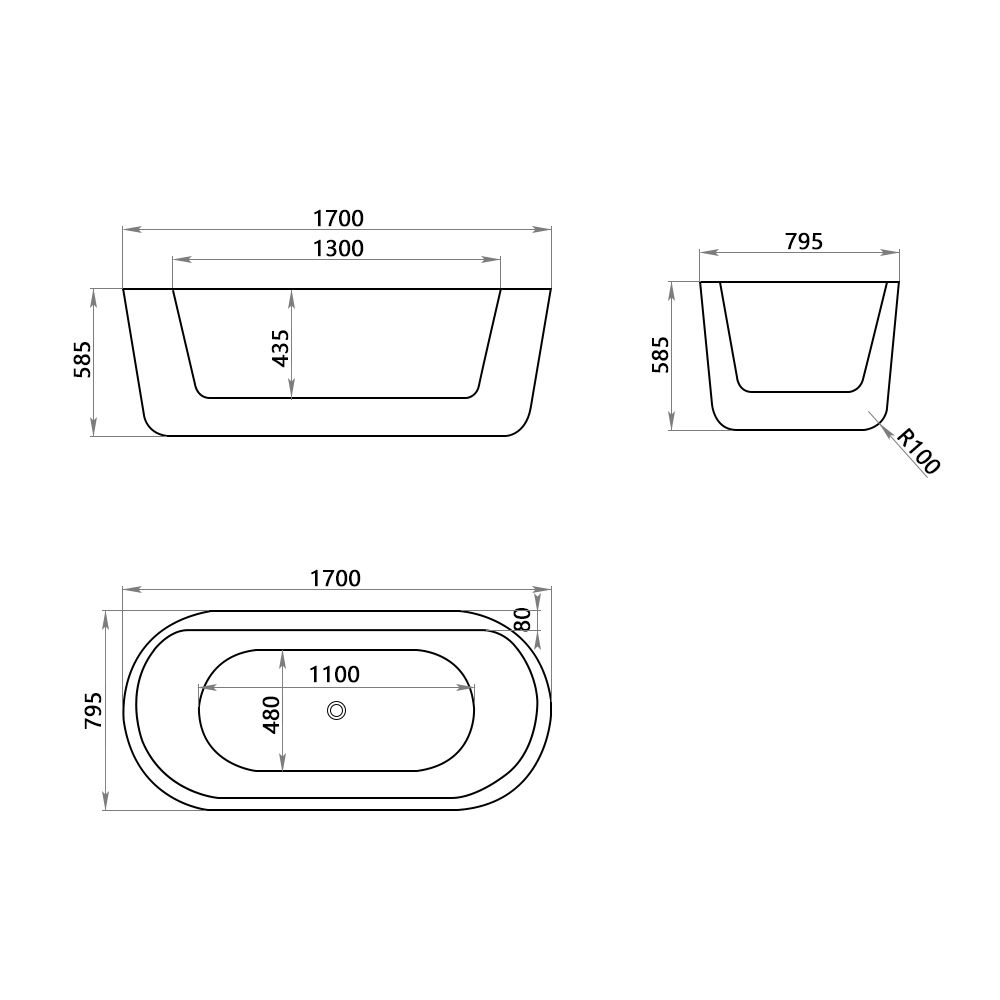 KT-8020 Freestanding Oval Matte White Reinforced Acrylic One-Piece Construction Bathtub
