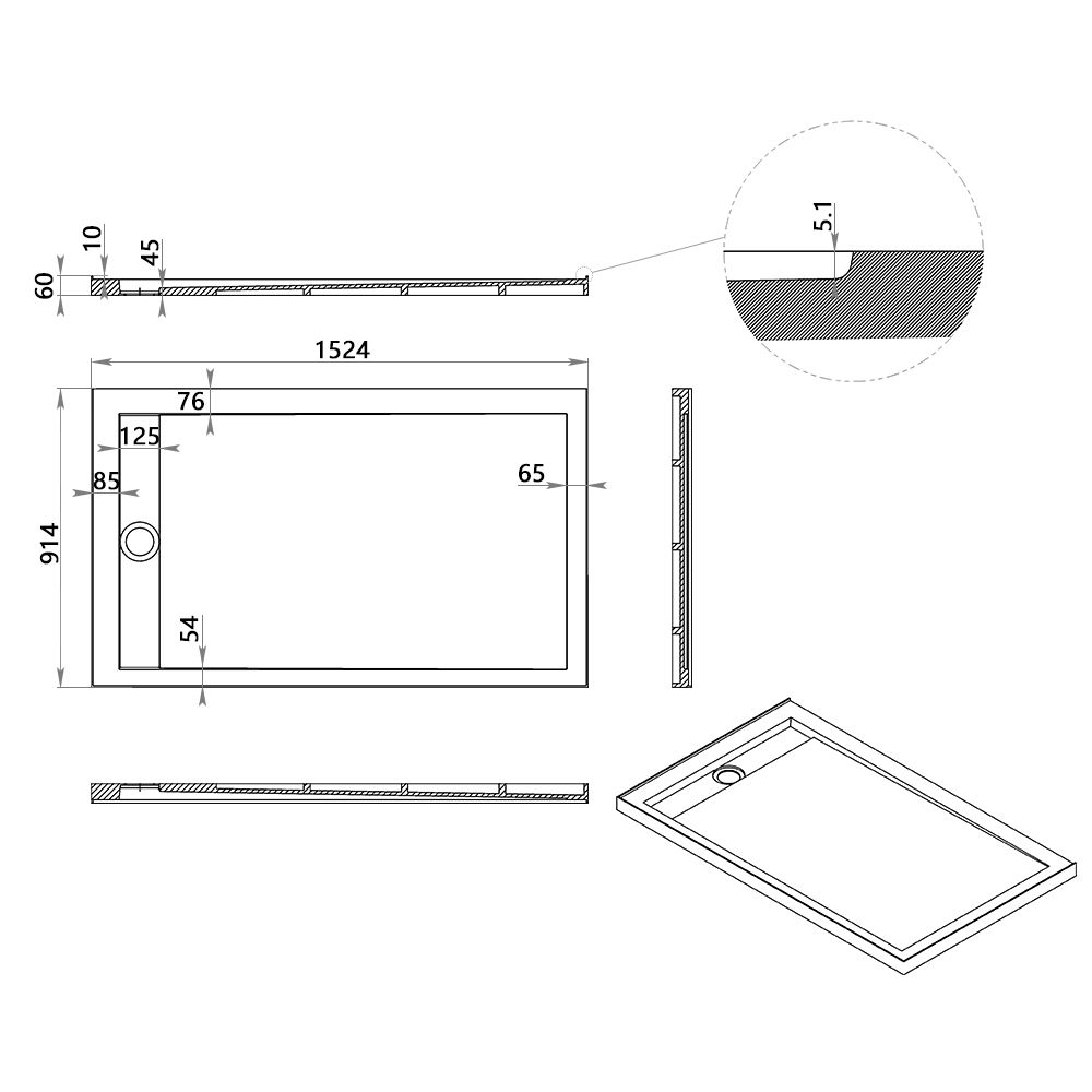 KT-ST012 36×60 Shower Pan Stone Resin Solid Surface Tray