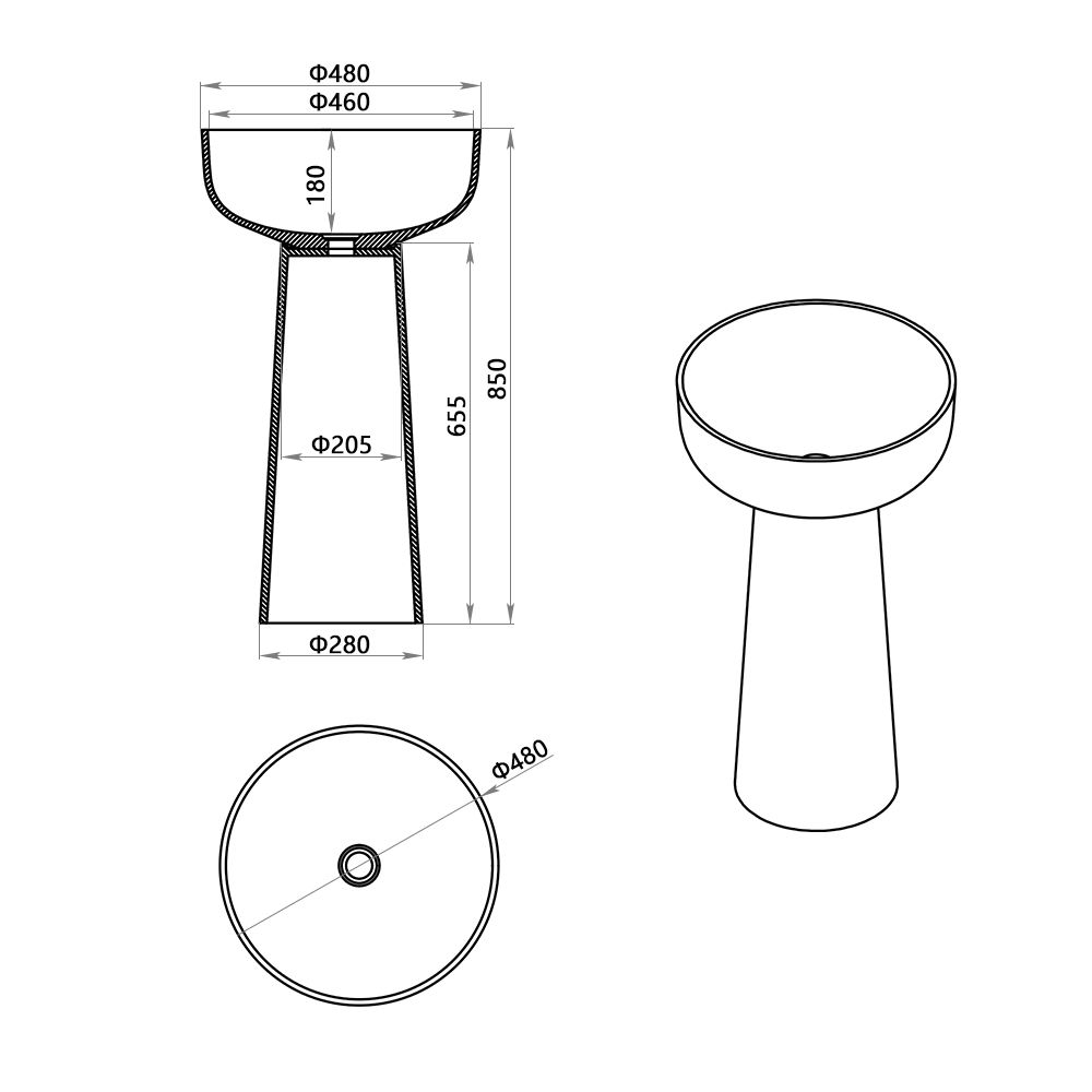 KT-3033R Transparent Bathroom Sink Freestanding Bowl Sink