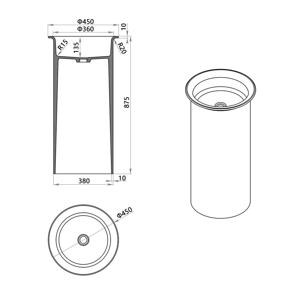 KT-3043R Translucent Modern Pedestal Round Freestanding Sink