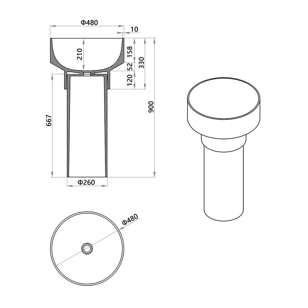 KT-3047R Round Transparent Basin Freestanding Cylinder Basin