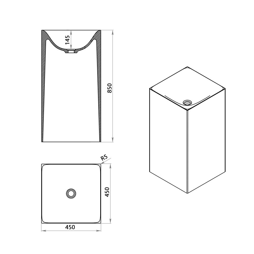 KT-3035R Transparent Floor Standing Square Freestanding Sink