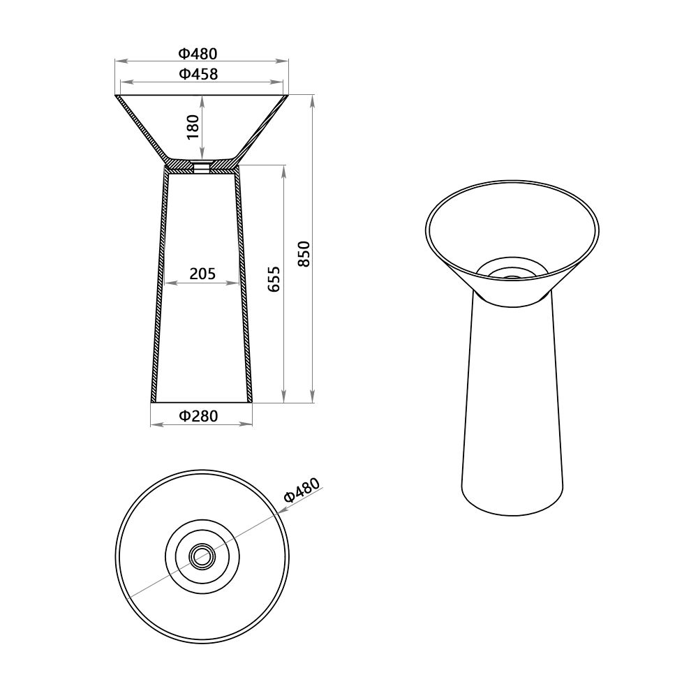 KT-3038R Funnel-Shaped Transparent Freestanding Hand Wash Sink