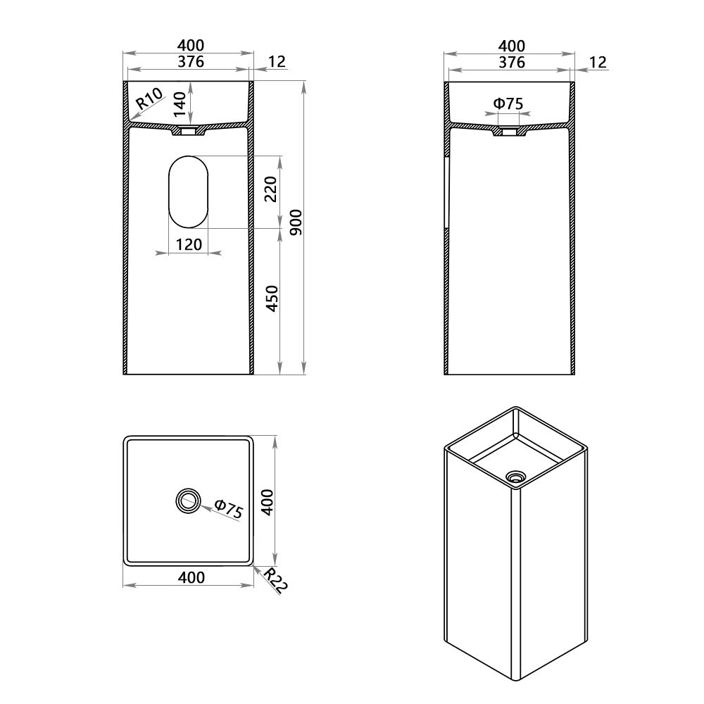 KT-3011 Resin Stone Square Pedestal Freestanding Sink