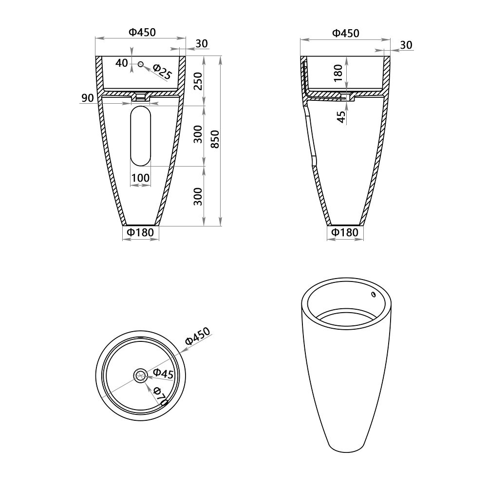 KT-6603 Resin Stone Conical Freestanding Pedestal Wash Basin