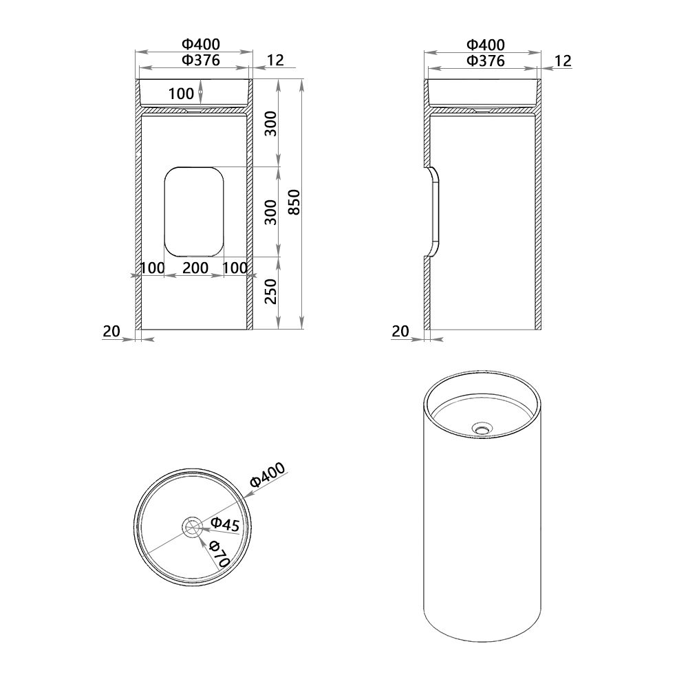 KT-6602 Resin Stone Solid Surface Round Pedestal Sink